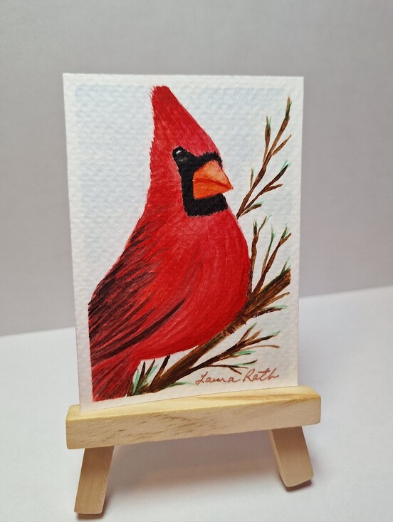 Laura Rath, Artist Other - "Cardinal Portrait" Hand-painted gouache painting (Tiny original artwork!)